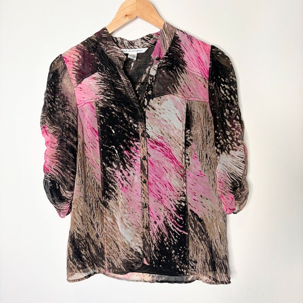 Vintage Diane Von Furstenberg Silk Blouse Shirt Top Brown Pink 1/2 Sleeve Size 8